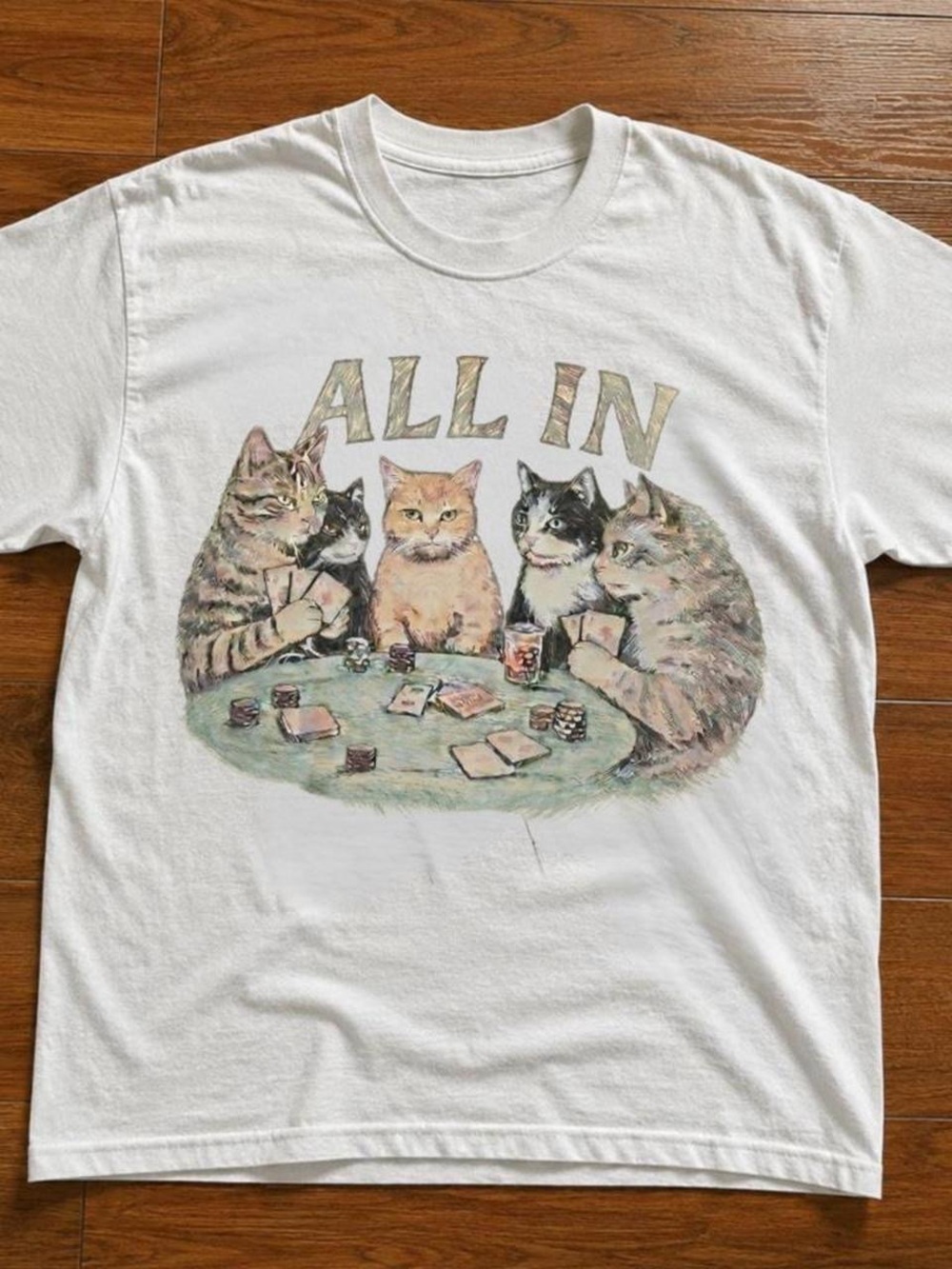 Gildan White 'ALL IN' Cat Poker Graphic Tee